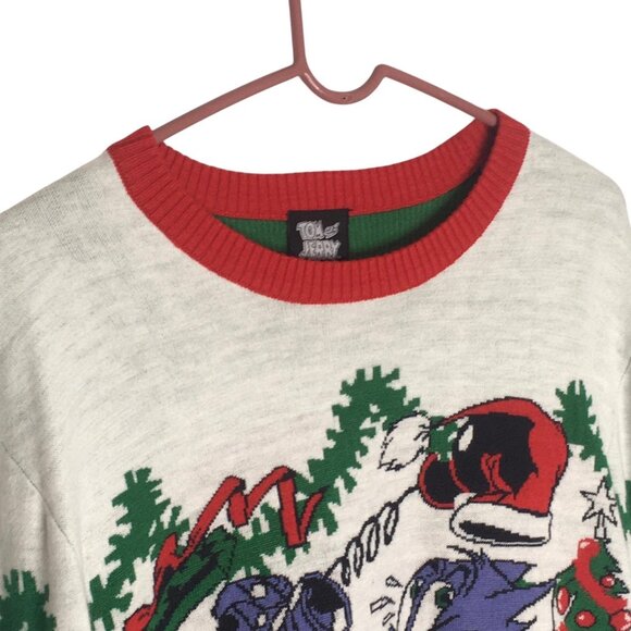 Tom and Jerry Sweater Mens Large Green Red Christmas Ugly Crewneck Pullover - Picture 15 of 15